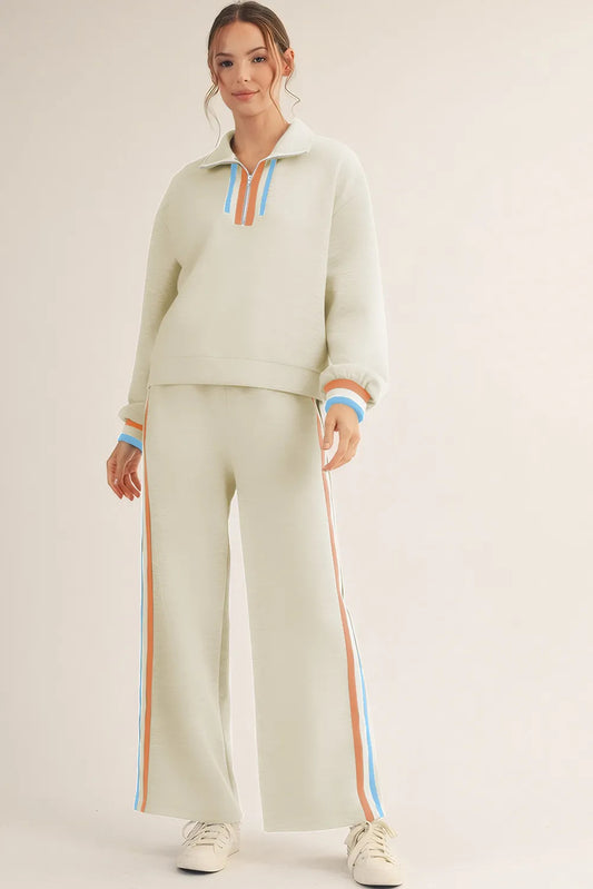 Apricot Striped Patchwork Quarter Zip Pullover Loose Pant Set