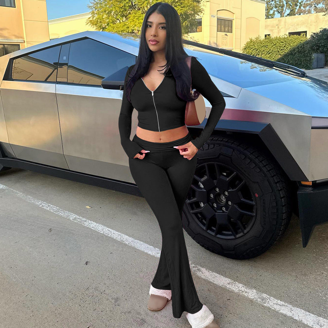 Women's Long-sleeve Zipper Hooded Top Flared Pants Suit