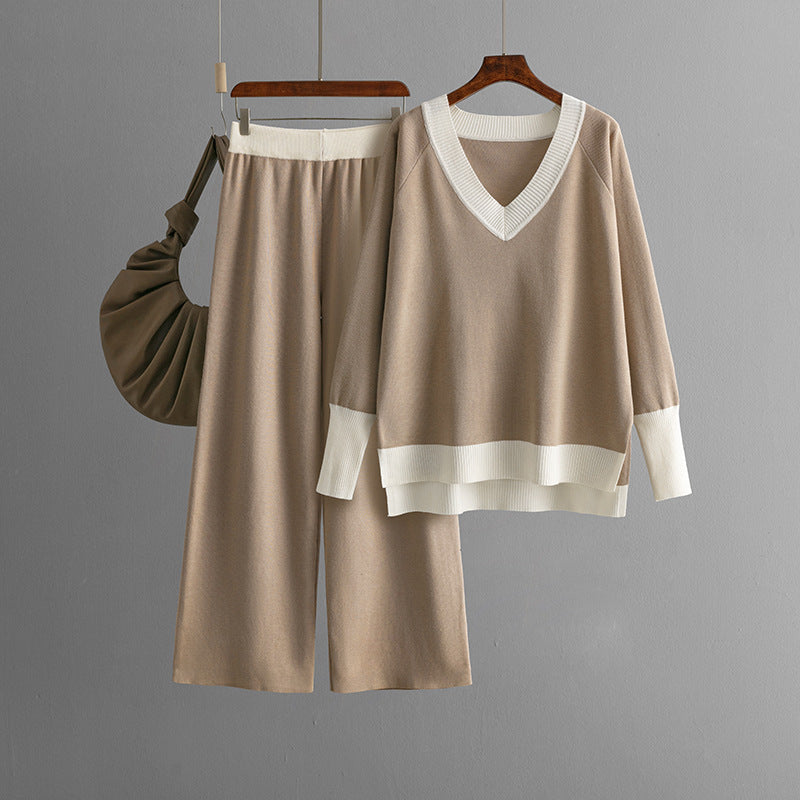 Women's V-collar Contrast Color Knitted Loose Wide-leg Pants Two-piece Set