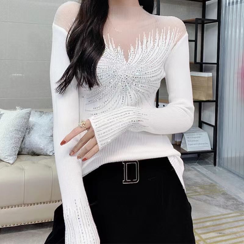Women's Stitching Mesh Hollow Diamond All-matching Long Sleeve Top