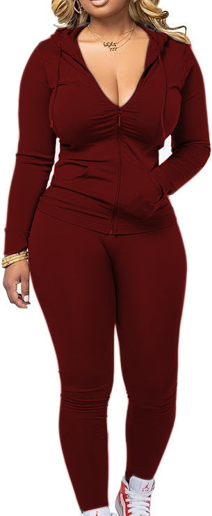 Women's Casual Sexy Long-sleeved Zipper Hoodie Two-piece Set Sports Suit