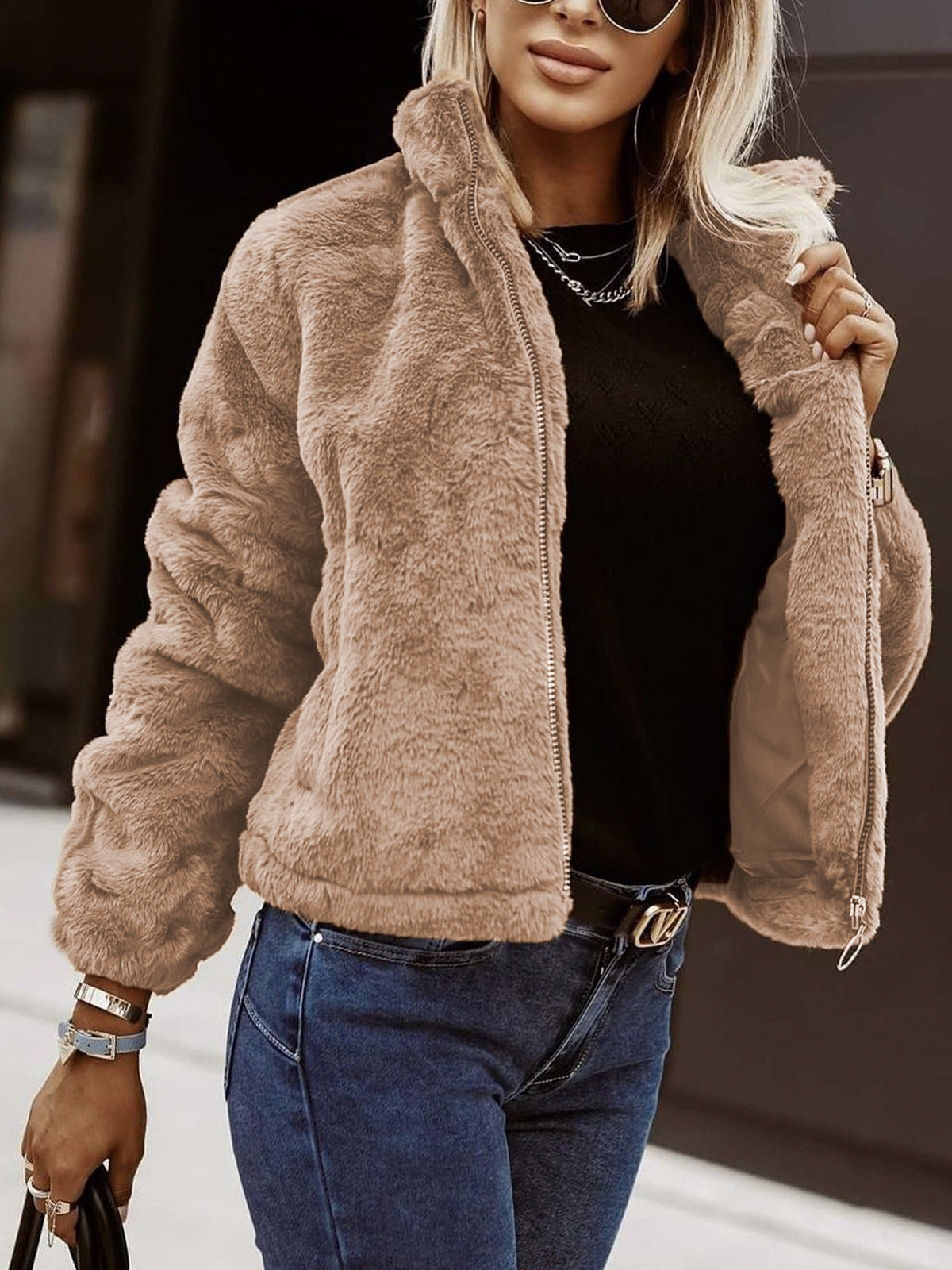 Summer Rabbit Fur Faux Leather Zipper Cardigan Plush Warm Coat