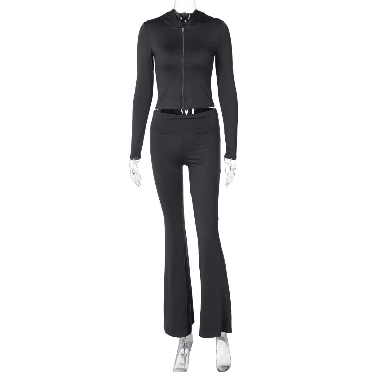 Women's Long-sleeve Zipper Hooded Top Flared Pants Suit