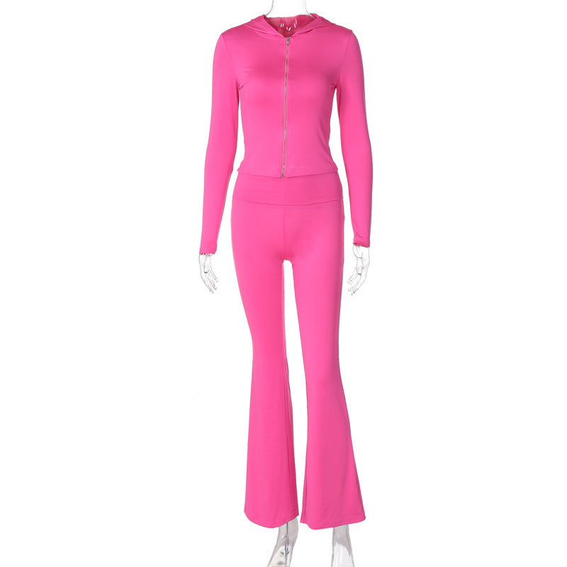 Women's Long-sleeve Zipper Hooded Top Flared Pants Suit