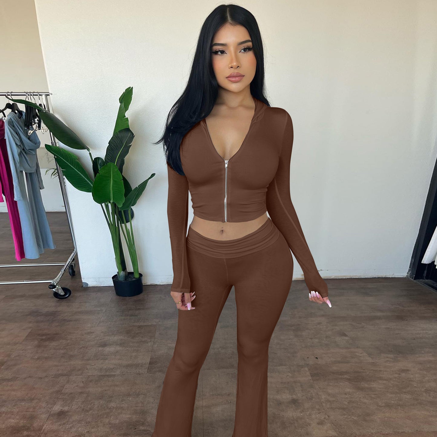 Women's Long-sleeve Zipper Hooded Top Flared Pants Suit