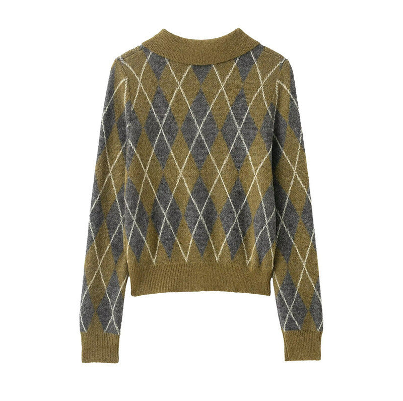 Women's Notched Lapel Long-sleeve Buttoned Diamond-patterned Knitted Sweater