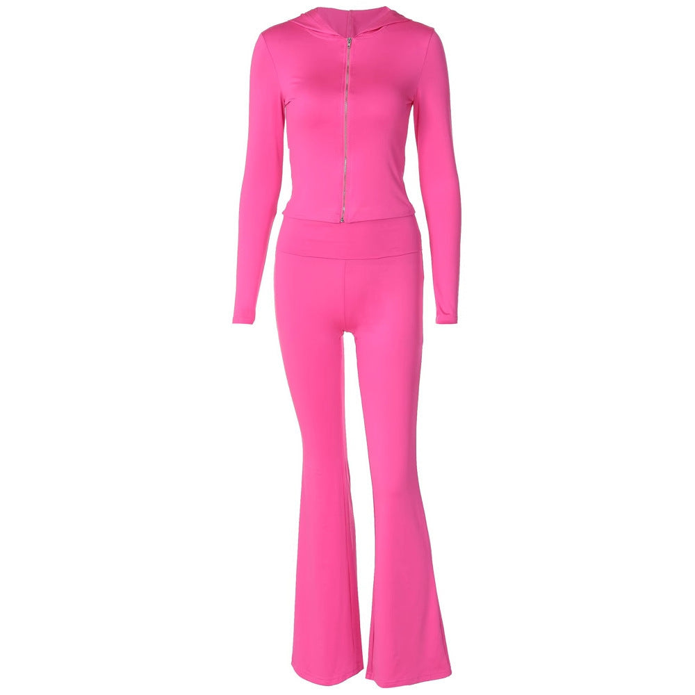 Women's Long-sleeve Zipper Hooded Top Flared Pants Suit