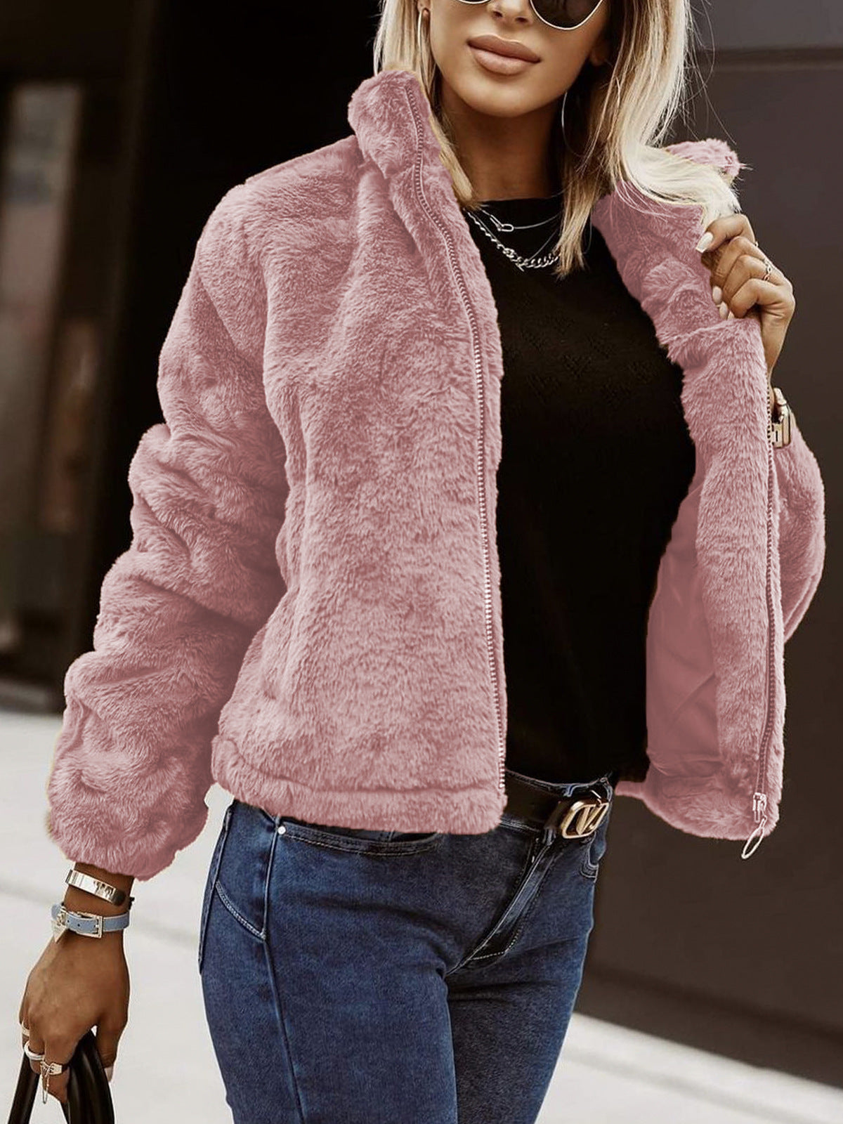 Summer Rabbit Fur Faux Leather Zipper Cardigan Plush Warm Coat