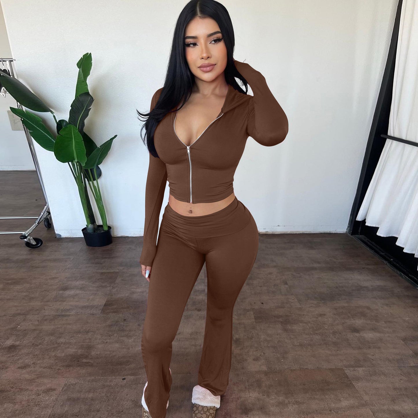 Women's Long-sleeve Zipper Hooded Top Flared Pants Suit
