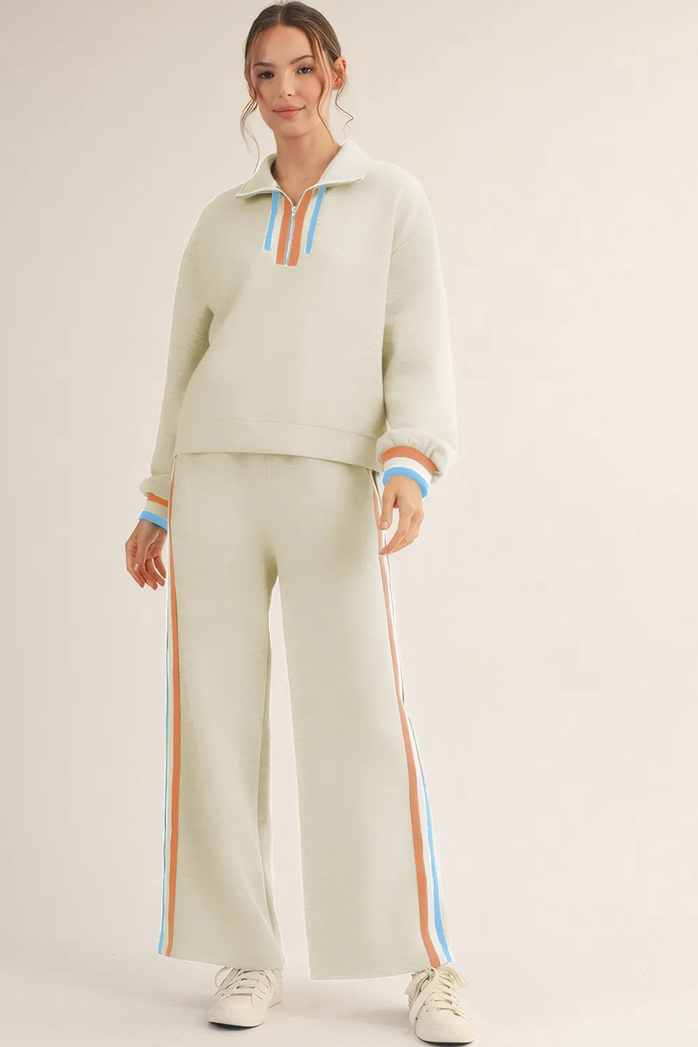 Apricot Striped Patchwork Quarter Zip Pullover Loose Pant Set