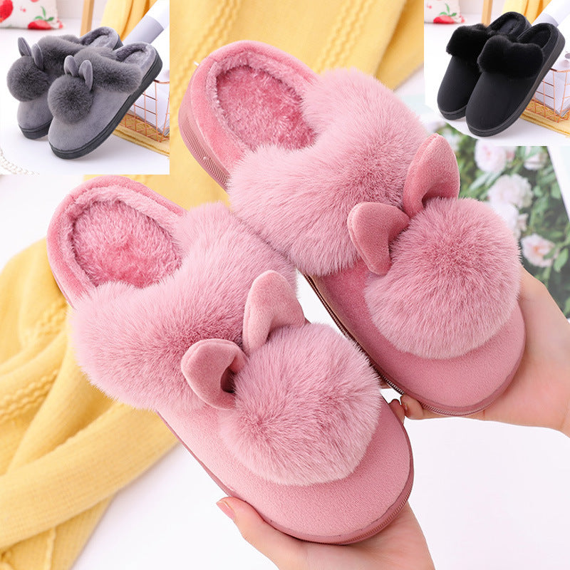 Cute Cartoon Ball Ball Rabbit Ears Women's Home Cotton Slippers Couple Plush Cotton Slippers