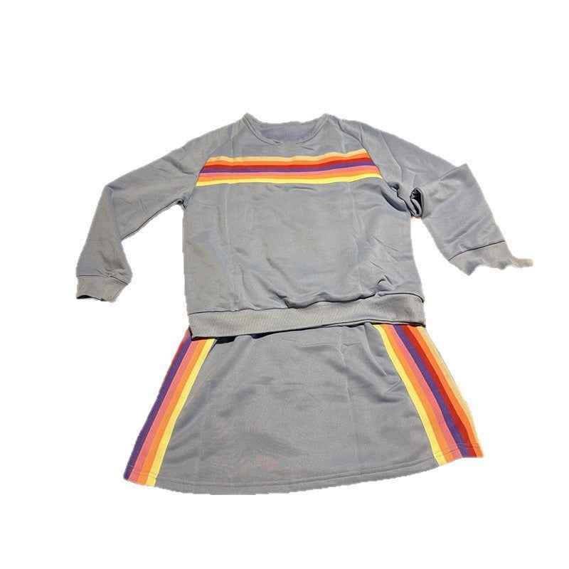 Simple Loose Rainbow Round Neck Sweater Trousers Two-piece Set