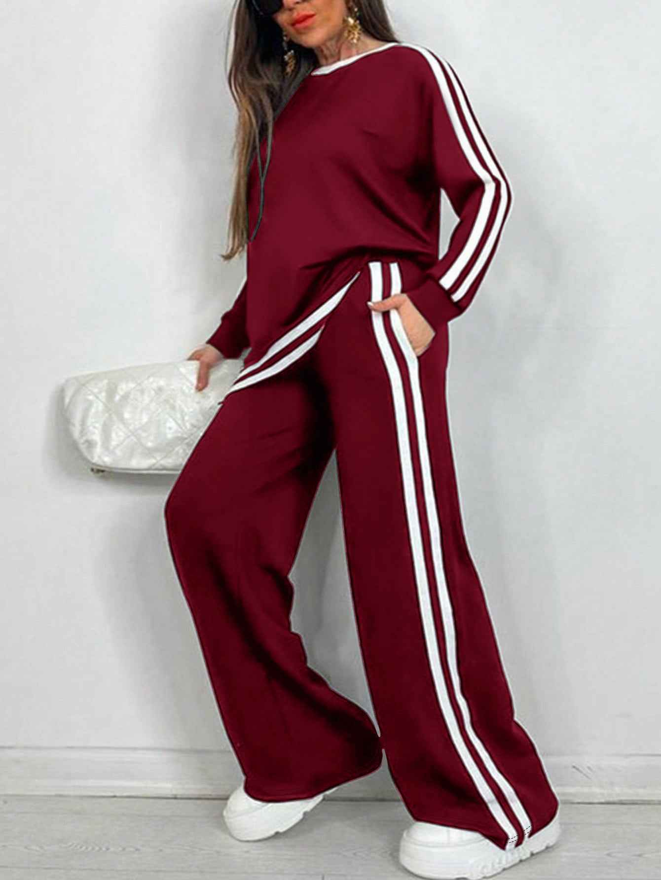 Casual Striped Trousers Long Sleeve Round Neck Suit