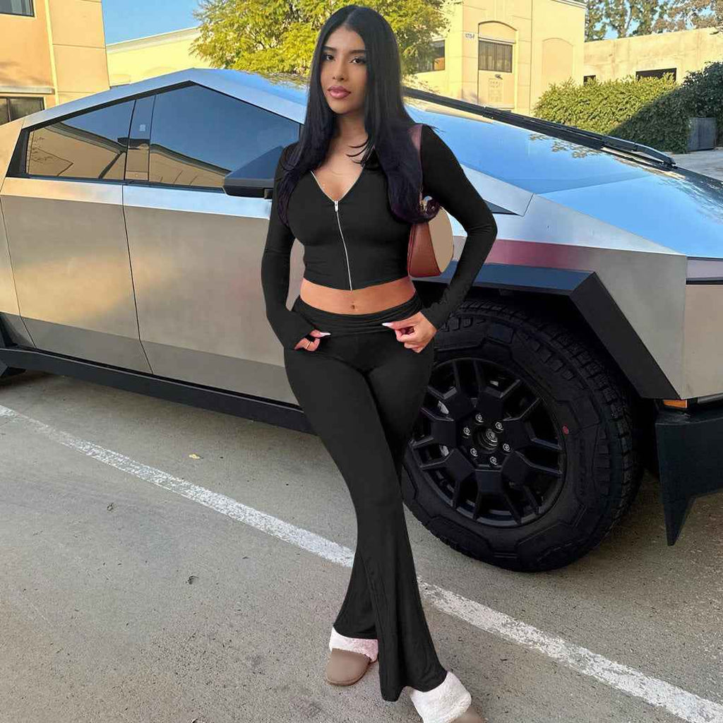 Damen Sets mit Langarm-Hoodie und Flared Pants - Kapuzenoberteil mit Reißverschluss und passender Hose