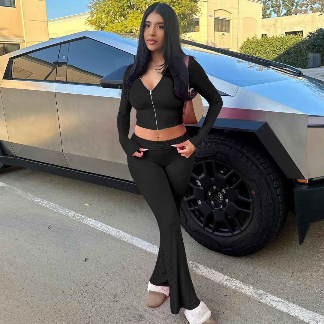 Damen Sets mit Langarm-Hoodie und Flared Pants - Kapuzenoberteil mit Reißverschluss und passender Hose