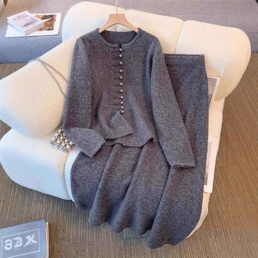 Damenmode Chinesischer Stil Kleid Set aus solidem Farbigen Material – Midikleid mit Sweater-Set