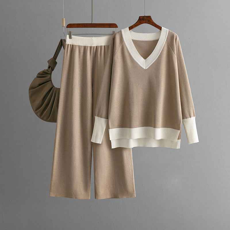 Women's V-collar Contrast Color Knitted Loose Wide-leg Pants Two-piece Set