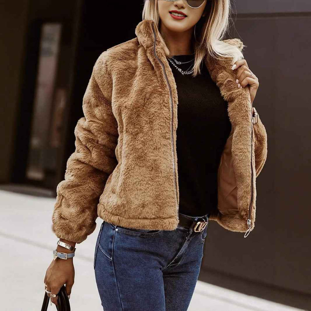 Summer Rabbit Fur Faux Leather Zipper Cardigan Plush Warm Coat