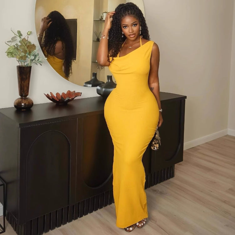 Fashion Sexy Slant Neck Backless Dress Women