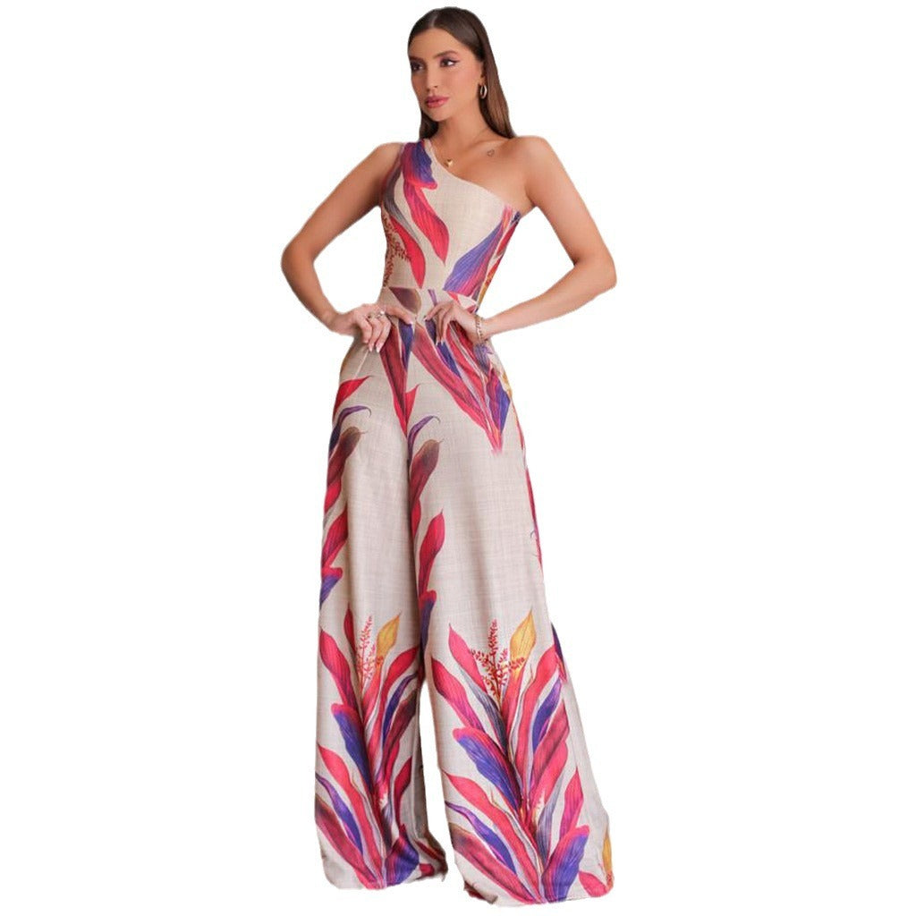 Women's Fashion One-shoulder Printed Sleeveless Dress Sexy Slim Fit