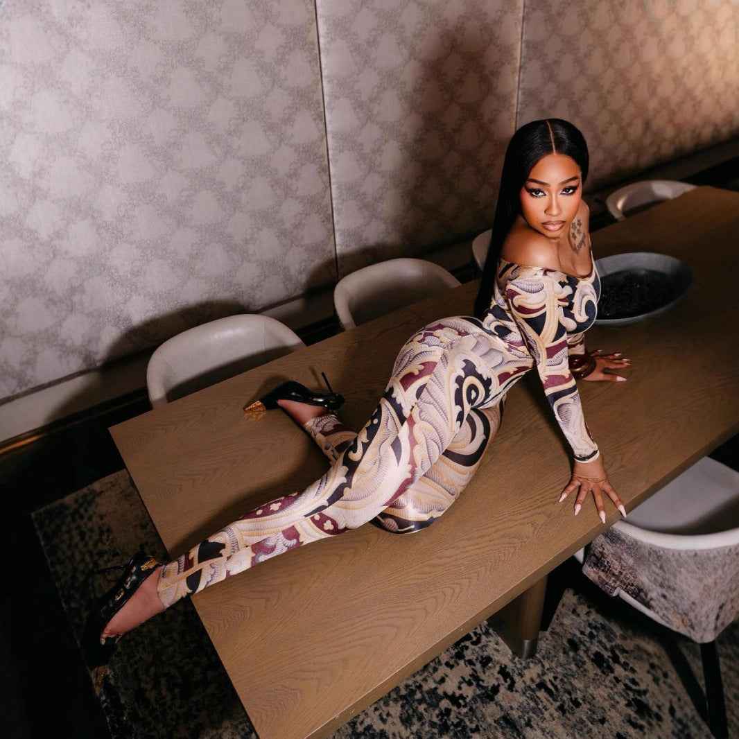 Sexy Print Off-shoulder Cinched Bodycon One-piece Trousers