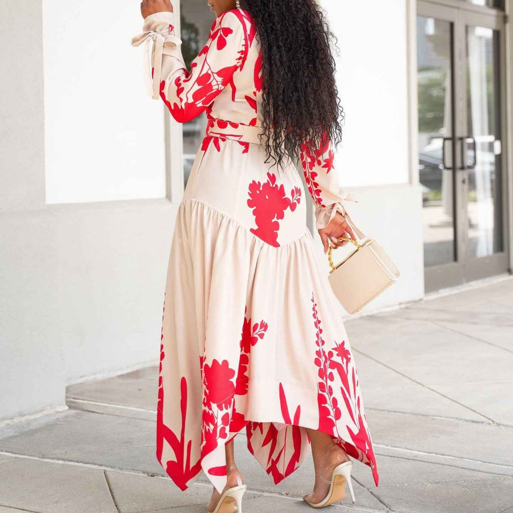 Langarm Druck Kragen unregelmäßiges lockeres Kleid für einen lässigen Stil