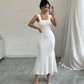 Striped Sexy Square Collar Sling Backless Long Dress