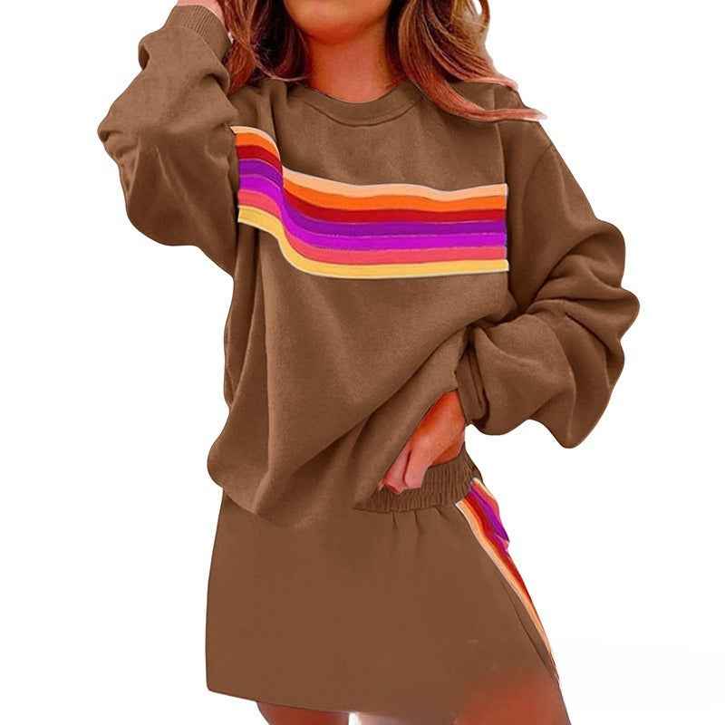 Simple Loose Rainbow Round Neck Sweater Trousers Two-piece Set