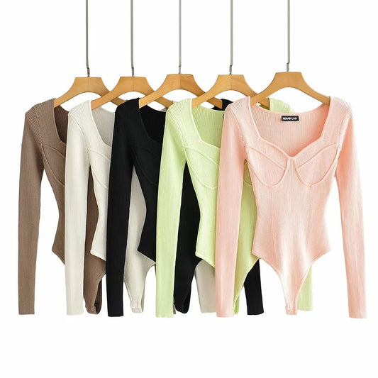 Korean Slim-fit U-neck Geometric Three-dimensional Textured Long Sleeve Knitted One-piece with Concealed Button