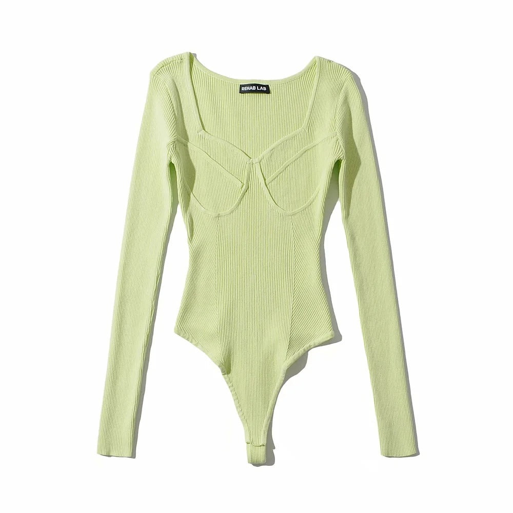 Korean Slim-fit U-neck Geometric Three-dimensional Textured Long Sleeve Knitted One-piece with Concealed Button