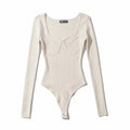 Korean Slim-fit U-neck Geometric Three-dimensional Textured Long Sleeve Knitted One-piece with Concealed Button
