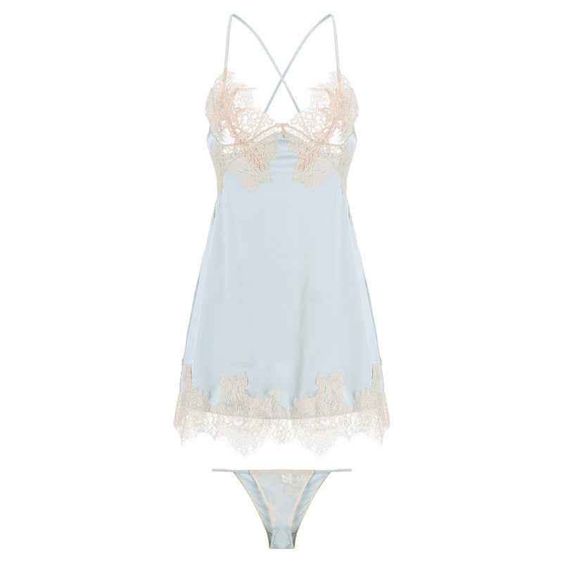Sexy Nightgown With Ice Silk Tie And Slit Lace Strap Sleeping Dress