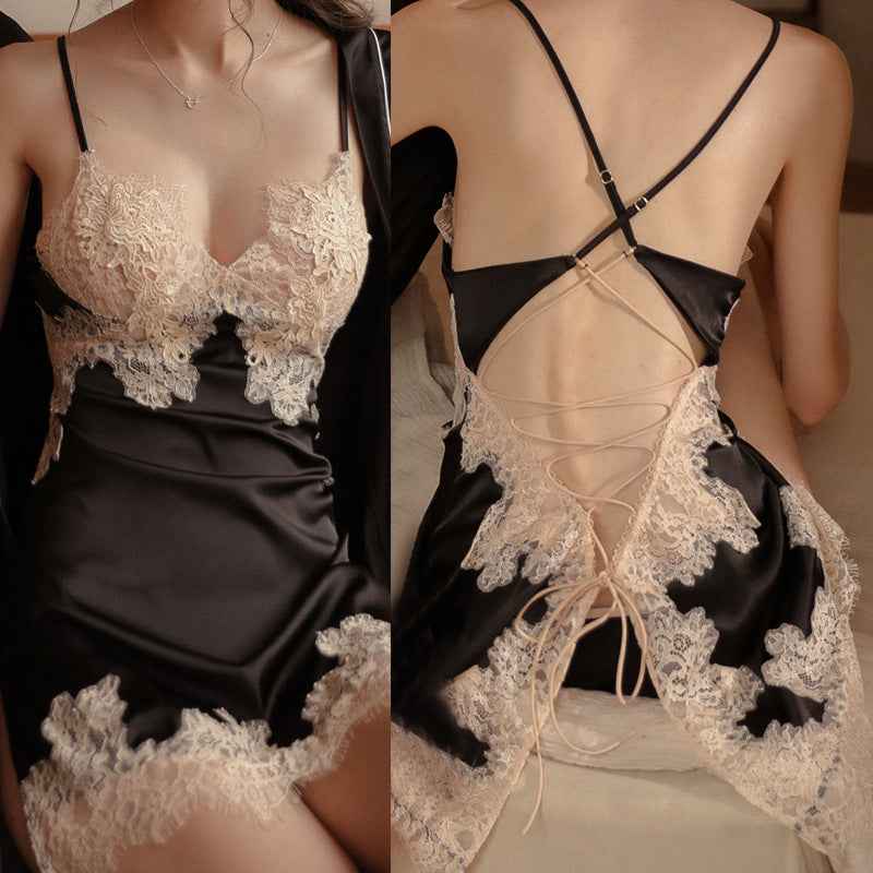 Sexy Nightgown With Ice Silk Tie And Slit Lace Strap Sleeping Dress