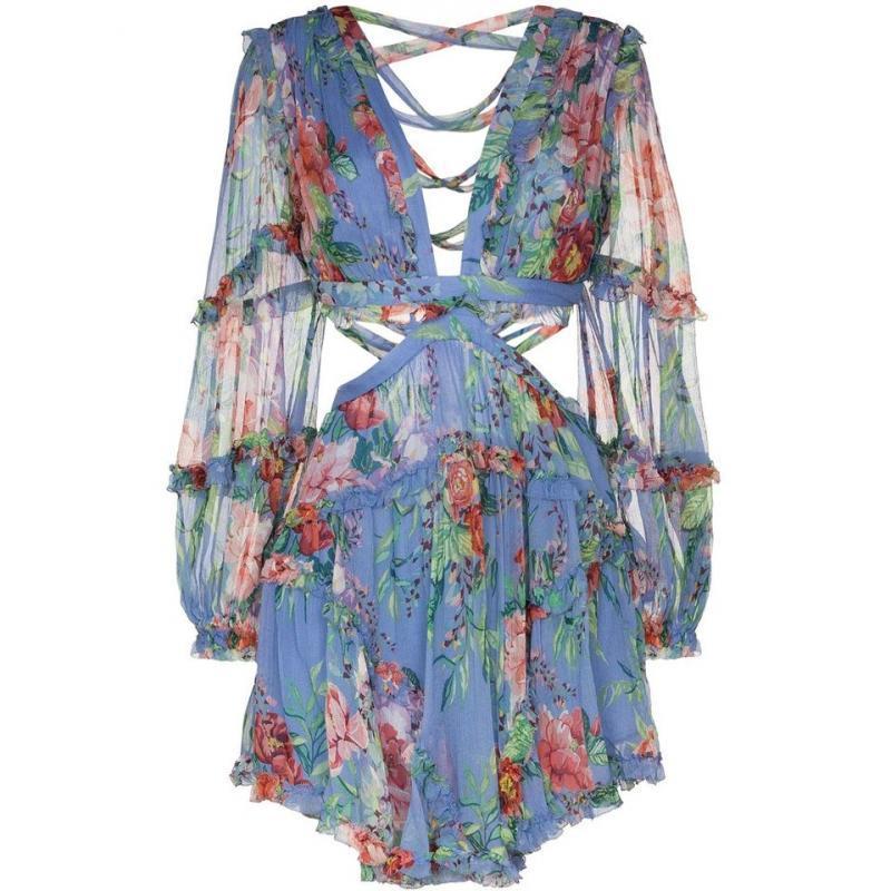 Blue Floral V Back Long-sleeved Jumpsuit Skirt