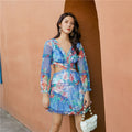 Blue Floral V Back Long-sleeved Jumpsuit Skirt