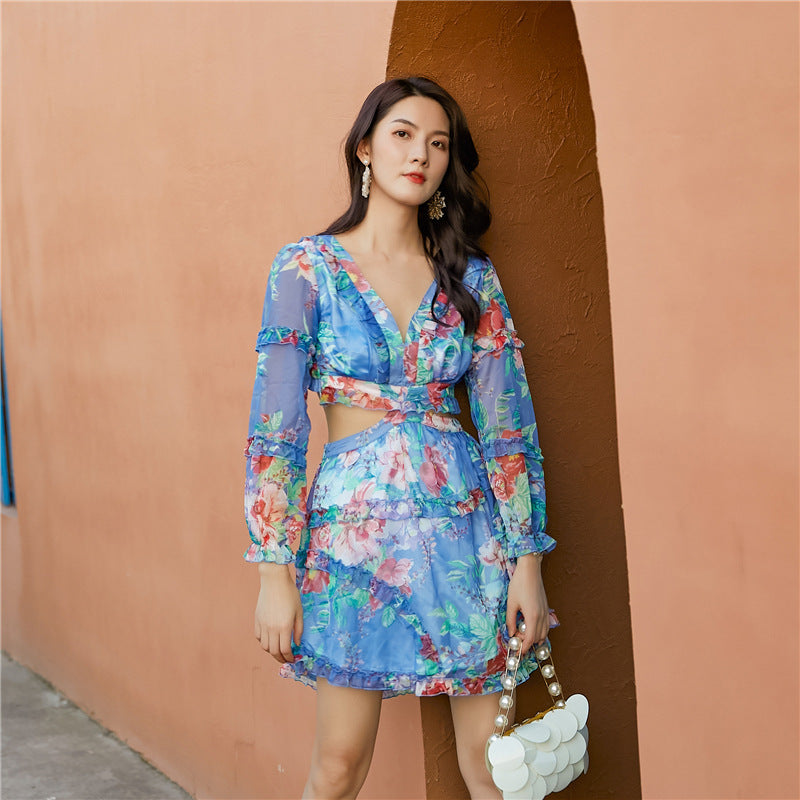 Blue Floral V Back Long-sleeved Jumpsuit Skirt