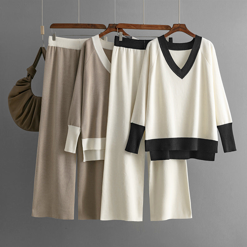 Women's V-collar Contrast Color Knitted Loose Wide-leg Pants Two-piece Set
