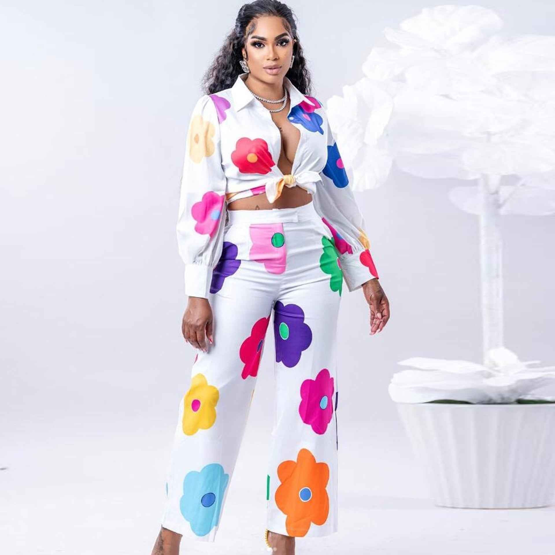 Women's Fashion Color Printed Shirt Suit Two-piece Set