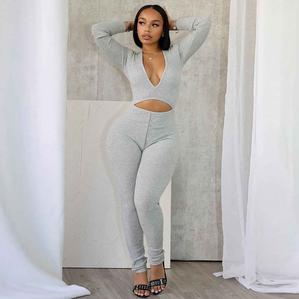 V-neck Hollow-out Long-sleeved Sexy High-elastic Jumpsuit