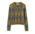 Women's Notched Lapel Long-sleeve Buttoned Diamond-patterned Knitted Sweater