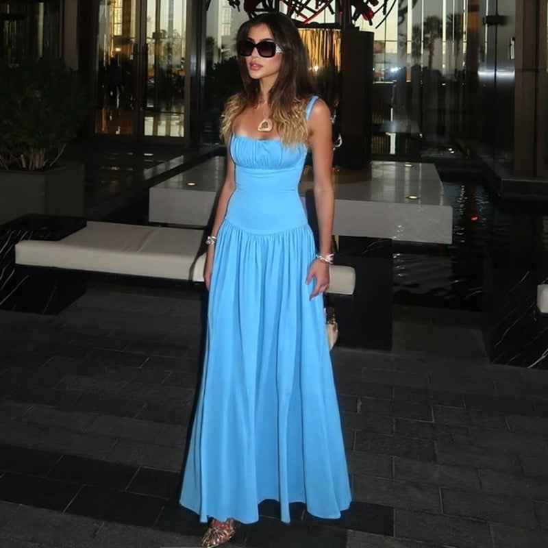 Off-neck Pleated Stitching High Waist Slimming Solid Color Sling Dress