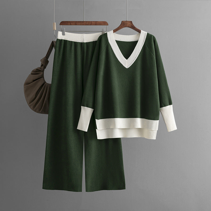 Women's V-collar Contrast Color Knitted Loose Wide-leg Pants Two-piece Set