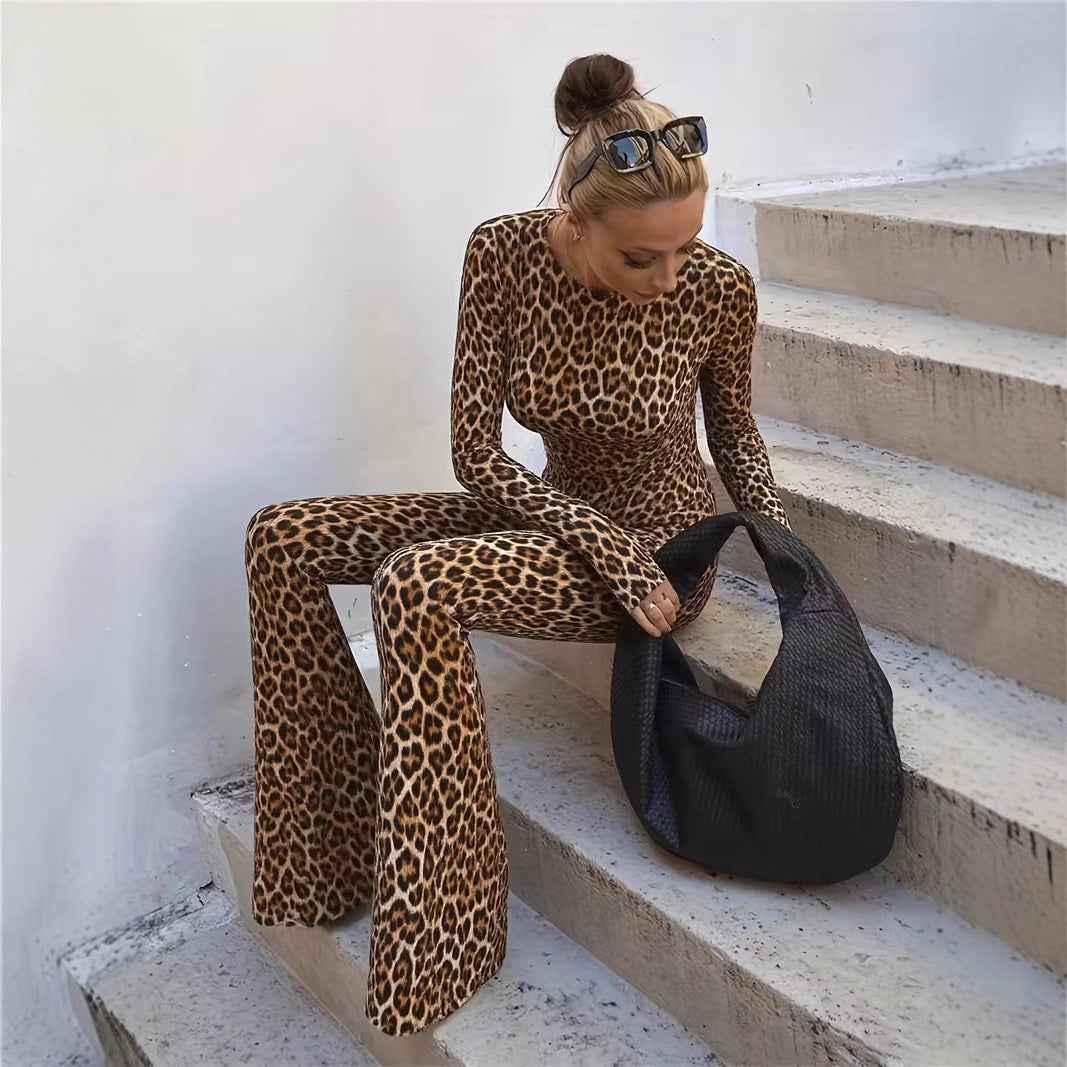 Sexy Waist Trimming Backless Print Leopard-print Slim-fit Jumpsuit