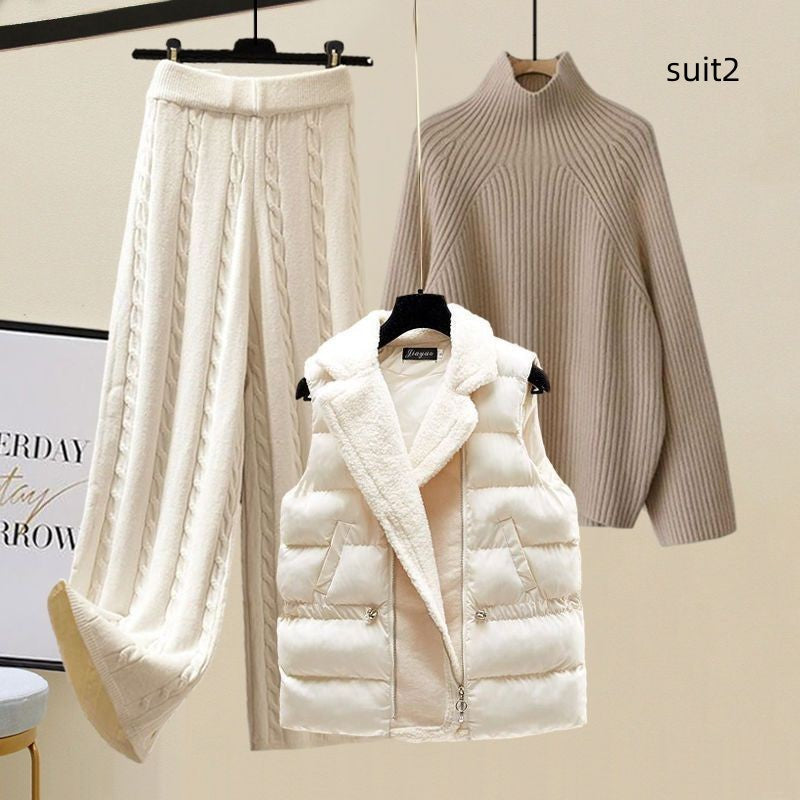 Cotton Vest Idle Style Knitted Sweater Wide Leg Pants Three-piece Set
