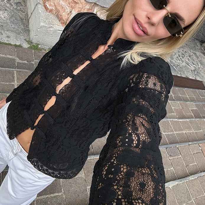Niche Buckle Lace Jacquard Knitted Shirt For Women White Stand Collar Puff Sleeve Top