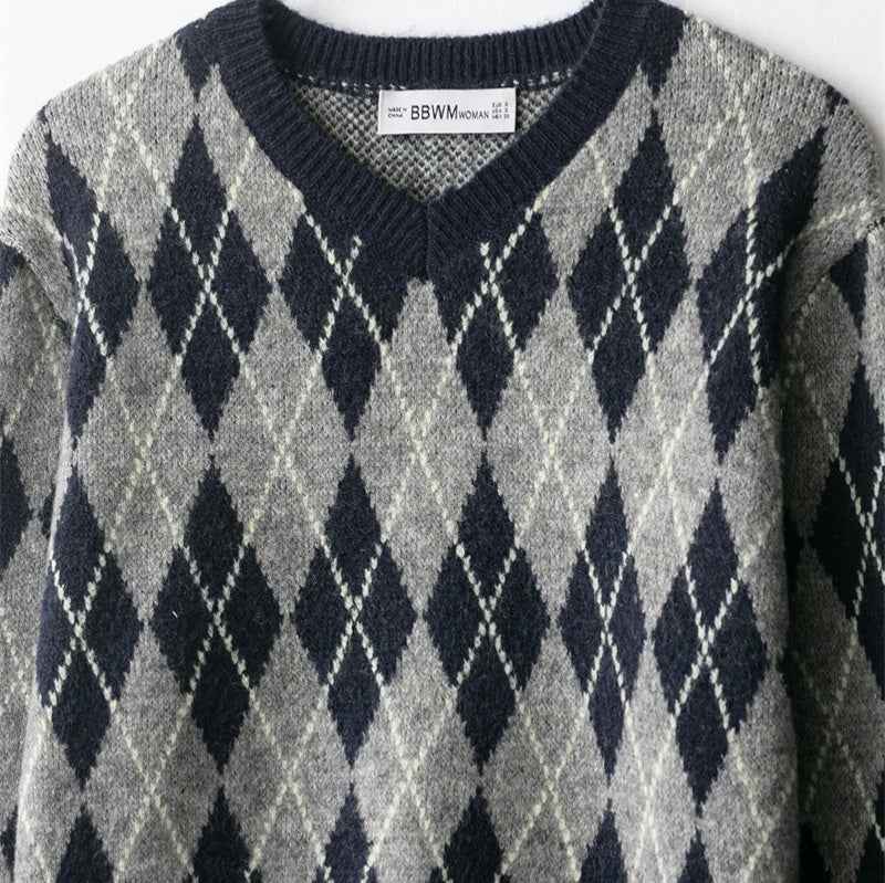 Fashion Diamond Pattern Knit Sweater For Women