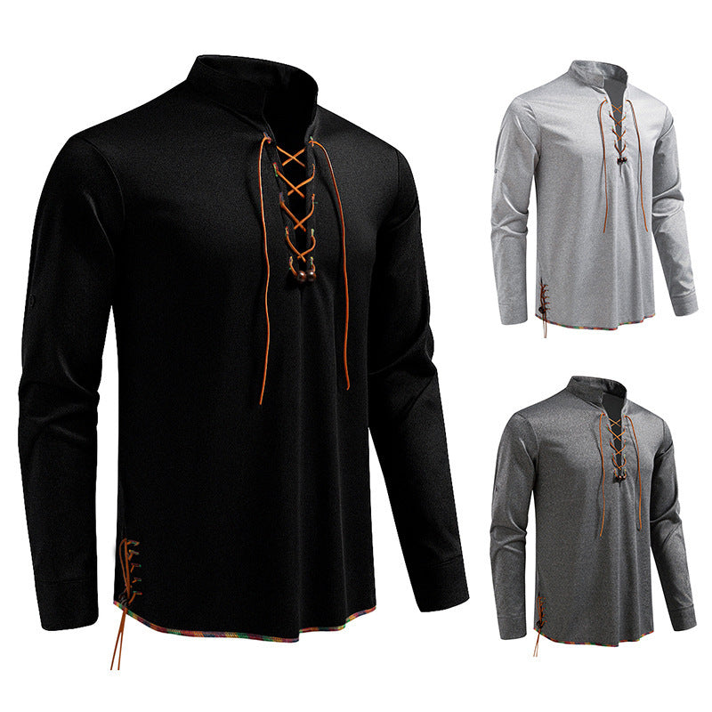 Drawstring Design Men's Stand-up Collar Long Sleeve T-shirt
