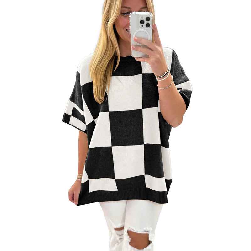 Women's European American Simple Versatile Pullover Round Neck Half Sleeve Sweater