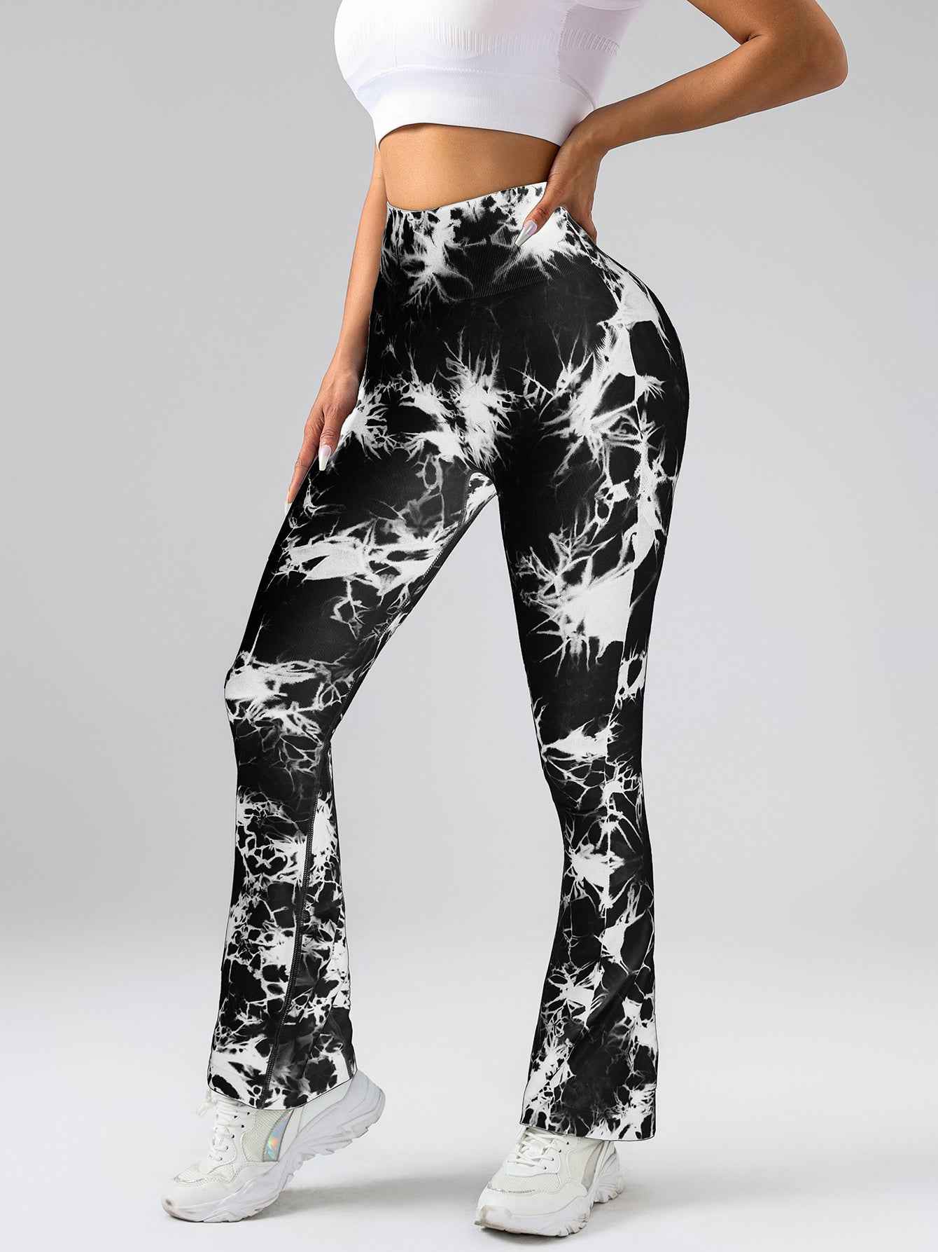 Hochtaillierte Yogahose mit Bauchkontrolle für Frauen – Tie-Dye Stretch Slimming Bootcut Fitness- und Sportleggings