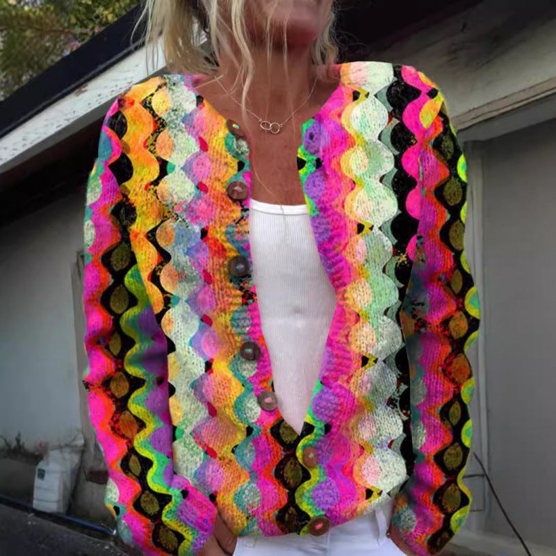 Fashion Printed Cardigan Knit Jacket For Women